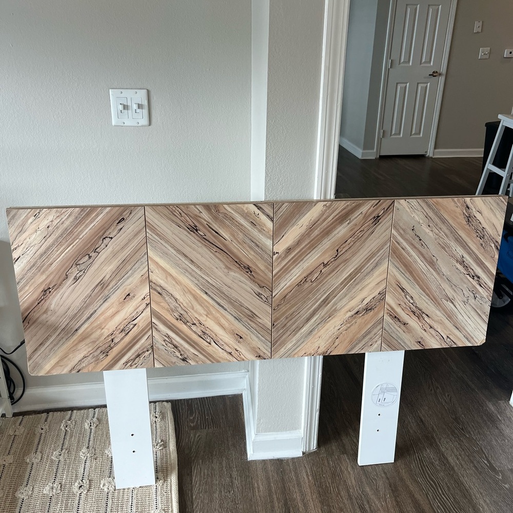 Full size headboard with boho wood design & white wood accents. Fully assembled
